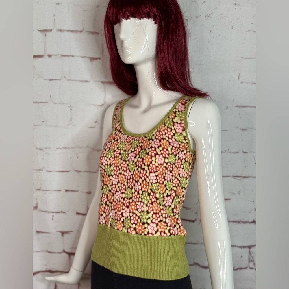 SIGRID OLSEN XS Silk Knit Moss Green Orange Pink Floral Sleeveless Sweater Vest - Picture 4 of 13